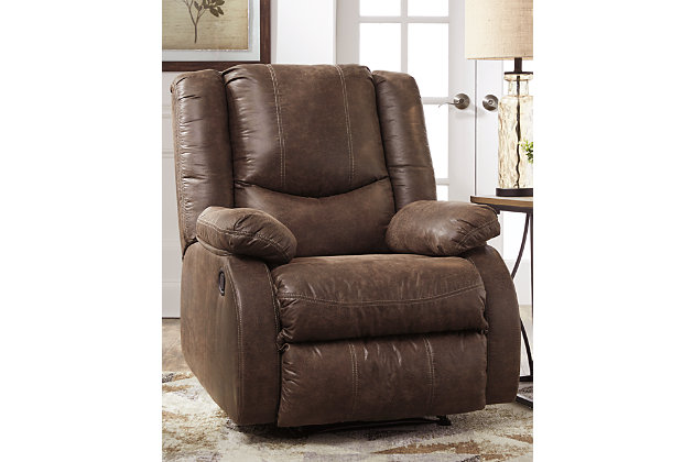 Make a big impression in a smaller footprint with the chic styling of the Bladewood zero wall recliner. Thanks to its space-conscious design that requires a mere three inches between the wall and chair back, you can stretch out more efficiently. Wrapped in a fabulous faux leather loaded with pebbly texture and tonal variation that looks so natural, this designer recliner sports contoured tufting and contrasting baseball stitching for a style home run.Pull tab reclining motion | Zero wall design requires minimal space between wall and chair back | Corner-blocked frame with metal reinforced seat | Attached cushions | High-resiliency foam cushions wrapped in thick poly fiber | Polyester/polyurethane upholstery
