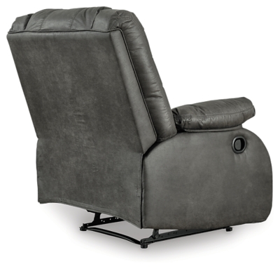 Make a big impression in a smaller footprint with the chicly styled Bladewood zero wall recliner. Thanks to its space-conscious design that requires a mere three inches between the wall and chair back, you can stretch out more efficiently. Wrapped in a fabulous faux leather loaded with pebbly texture and tonal variation that looks so natural, this designer recliner sports contoured tufting and contrasting baseball stitching for a style home run.Pull tab reclining motion | Zero wall design requires minimal space between wall and chair back | Corner-blocked frame with metal reinforced seat | Attached cushions | High-resiliency foam cushions wrapped in thick poly fiber | Polyester/polyurethane upholstery