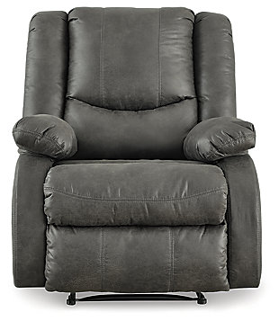Make a big impression in a smaller footprint with the chicly styled Bladewood zero wall recliner. Thanks to its space-conscious design that requires a mere three inches between the wall and chair back, you can stretch out more efficiently. Wrapped in a fabulous faux leather loaded with pebbly texture and tonal variation that looks so natural, this designer recliner sports contoured tufting and contrasting baseball stitching for a style home run.Pull tab reclining motion | Zero wall design requires minimal space between wall and chair back | Corner-blocked frame with metal reinforced seat | Attached cushions | High-resiliency foam cushions wrapped in thick poly fiber | Polyester/polyurethane upholstery