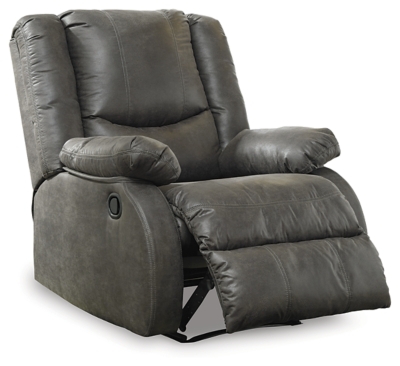 Make a big impression in a smaller footprint with the chicly styled Bladewood zero wall recliner. Thanks to its space-conscious design that requires a mere three inches between the wall and chair back, you can stretch out more efficiently. Wrapped in a fabulous faux leather loaded with pebbly texture and tonal variation that looks so natural, this designer recliner sports contoured tufting and contrasting baseball stitching for a style home run.Pull tab reclining motion | Zero wall design requires minimal space between wall and chair back | Corner-blocked frame with metal reinforced seat | Attached cushions | High-resiliency foam cushions wrapped in thick poly fiber | Polyester/polyurethane upholstery