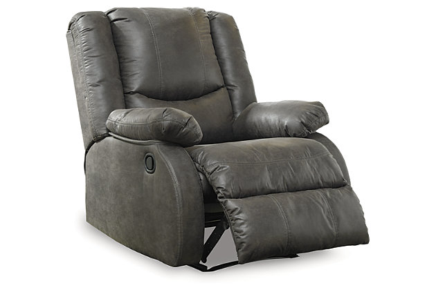 Make a big impression in a smaller footprint with the chicly styled Bladewood zero wall recliner. Thanks to its space-conscious design that requires a mere three inches between the wall and chair back, you can stretch out more efficiently. Wrapped in a fabulous faux leather loaded with pebbly texture and tonal variation that looks so natural, this designer recliner sports contoured tufting and contrasting baseball stitching for a style home run.Pull tab reclining motion | Zero wall design requires minimal space between wall and chair back | Corner-blocked frame with metal reinforced seat | Attached cushions | High-resiliency foam cushions wrapped in thick poly fiber | Polyester/polyurethane upholstery