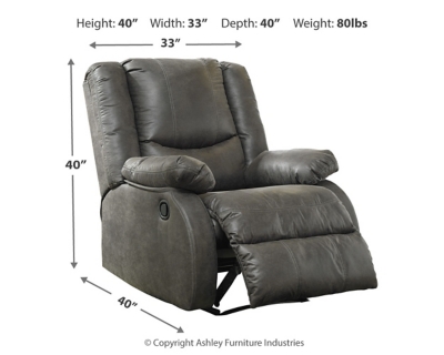 Make a big impression in a smaller footprint with the chicly styled Bladewood zero wall recliner. Thanks to its space-conscious design that requires a mere three inches between the wall and chair back, you can stretch out more efficiently. Wrapped in a fabulous faux leather loaded with pebbly texture and tonal variation that looks so natural, this designer recliner sports contoured tufting and contrasting baseball stitching for a style home run.Pull tab reclining motion | Zero wall design requires minimal space between wall and chair back | Corner-blocked frame with metal reinforced seat | Attached cushions | High-resiliency foam cushions wrapped in thick poly fiber | Polyester/polyurethane upholstery