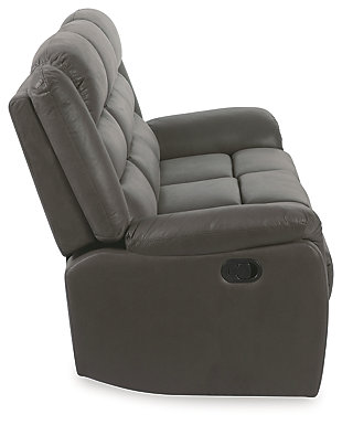 Embrace contemporary comfort with the Welota reclining sofa. Its richly neutral upholstery and no-fuss design give a new meaning to relaxed refinement. A double bustle back and curved armrests round out the look.Dual-sided recliner; middle seat remains stationary | Attached cushions | Gray upholstery | Pull tab reclining motion | Hidden drop-down table in the center seat | Estimated Assembly Time: 15 Minutes