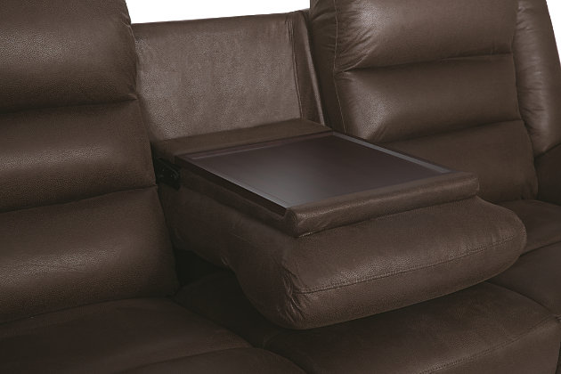 Embrace contemporary comfort with the Welota reclining sofa. Its richly neutral upholstery and no-fuss design give a new meaning to relaxed refinement. A double bustle back and curved armrests round out the look.Dual-sided recliner; middle seat remains stationary | Attached cushions | Brown upholstery | Pull tab reclining motion | Hidden drop-down table in the center seat | Estimated Assembly Time: 15 Minutes