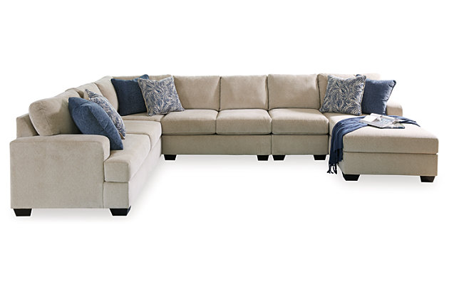 Establish a modern comfort zone with the Enola sectional. Spacious seating hosts reversible cushions and cozy back pillows for supportive comfort. Upholstered in sepia-colored polyester fabric, this sectional's frame is minimalistic with low track arms and short faux wood feet. Designer pillows pop with colorful patterns to round out the inviting look.Includes 5 pieces: right-arm facing corner chaise, armless loveseat, armless chair, left-arm facing loveseat and wedge | "Left-arm" and "right-arm" describe the position of the arm when you face the piece | Corner-blocked frame | Loose back pillows and seat cushions | Reversible cushions | High-resiliency foam cushions wrapped in thick poly and cotton fibers | Throw pillows included | Pillows with blended feather inserts and hidden zippers | Polyester upholstery; polyester chenille/polyester and polyester/cotton pillows | Exposed legs with faux wood finish | Estimated Assembly Time: 20 Minutes