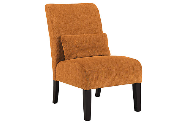 We love how the Annora accent chair puts the accent on fresh fabrics and clean-lined form. Chic and streamlined, it’s just enough furniture to complete your space. Curved back cushion and lumbar pillow blend style and comfort.Pillow with soft polyfill | 1 pillow included | Attached back and seat cushions | Assembly required | Excluded from promotional discounts and coupons | High-resiliency foam cushions wrapped in thick poly fiber | Exposed legs with faux wood finish | Polyester upholstery and pillow | Corner-blocked frame