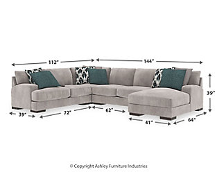 A feast for the eyes and pleasure for the senses, the Bardarson sectional is style and comfort taken to a higher level. Design elements including low track arms and low/wide feet give this sumptuous sectional ultra-contemporary appeal, while deep seats with reversible UltraPlush cushioning and designer feather-filled toss pillows are indulgently comfortable. The plush beige upholstery hits just the right note if you’re looking for a richly neutral sectional that simply goes with everything.Includes 4 pieces: right-arm facing corner chaise, left-arm facing loveseat, armless loveseat and wedge | "Left-arm" and "right-arm" describes the position of the arm when you face the piece | Corner-blocked frame | Loose back and seat cushions | Reversible UltraPlush cushions remain loftier longer | 2 layers of cushioned comfort: high-density foam core encased in thick polyfill | 6 accent pillows included | Pillows with feather inserts and hidden zippers | Polyester/polyurethane upholstery; polyester and polyester/polyurethane pillows | Exposed feet with faux wood finish | Estimated Assembly Time: 15 Minutes