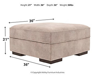 A feast for the eyes and pleasure for the senses, the Bardarson ottoman with storage is style, comfort and then some. Removable cushioned top reveals loads of storage space that really comes in handy for last-minute cleanups. Plush silvery gray upholstery hits just the right note if you’re looking for a richly neutral aesthetic.Corner-blocked frame | Storage under removable cushioned top | High-resiliency foam cushion wrapped in thick poly fiber | Polyester/polypropylene upholstery | Exposed feet with faux wood finish