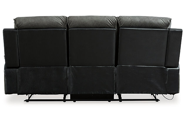 Twice the style, twice the comfort. Lounge in the casual luxury of the two-tone Woodsway reclining sofa. Pillow top armrests and a modernized bustle back pamper with the plushness you crave, while the pull tab reclining motion leaves you relaxed and rested.Dual-side recliner; middle seat remains stationary | Attached cushions | 2-tone upholstery | Pull tab reclining motion | Estimated Assembly Time: 15 Minutes