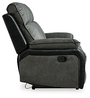 Twice the style, twice the comfort. Lounge in the casual luxury of the two-tone Woodsway reclining sofa. Pillow top armrests and a modernized bustle back pamper with the plushness you crave, while the pull tab reclining motion leaves you relaxed and rested.Dual-side recliner; middle seat remains stationary | Attached cushions | 2-tone upholstery | Pull tab reclining motion | Estimated Assembly Time: 15 Minutes