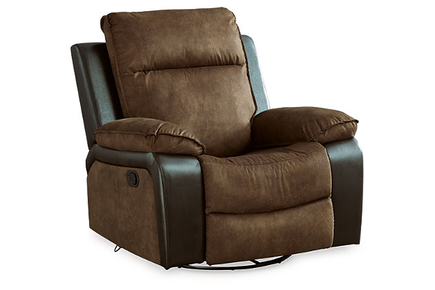 Twice the style, twice the comfort. Lounge in the casual luxury of the two-tone Woodsway swivel glider recliner. Pillow top armrests and a modernized bustle back pamper with the plushness you crave, while the gentle swivel, gliding motion relaxes and keeps you in the flow of conversation.Attached cushions | 2-tone upholstery | Pull tab reclining motion | Gentle gliding and swivel motion | Estimated Assembly Time: 15 Minutes