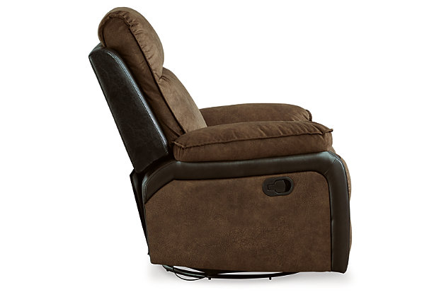 Twice the style, twice the comfort. Lounge in the casual luxury of the two-tone Woodsway swivel glider recliner. Pillow top armrests and a modernized bustle back pamper with the plushness you crave, while the gentle swivel, gliding motion relaxes and keeps you in the flow of conversation.Attached cushions | 2-tone upholstery | Pull tab reclining motion | Gentle gliding and swivel motion | Estimated Assembly Time: 15 Minutes