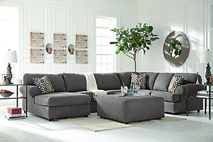 If you love the idea of indulgently comfortable furniture with a casually cool sense of flair, the Jayceon sectional is custom made with you in mind. Oversized scale and feel-good microfiber upholstery make it all too easy to kick back and relax. Ultra neutral fabric and clean, flowing profile are plenty stylish, without overwhelming your space.Includes 3 pieces: left-arm facing corner chaise, armless loveseat and right-arm facing sofa | "Left-arm" and "right-arm" describe the position of the arm when you face the piece | Corner-blocked frame | Attached back and loose seat cushions | High-resiliency foam cushions wrapped in thick poly fiber | Polyester/nylon microfiber upholstery | Exposed feet with faux wood finish | Excluded from promotional discounts and coupons | Estimated Assembly Time: 10 Minutes