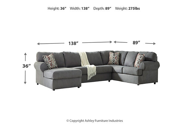 If you love the idea of indulgently comfortable furniture with a casually cool sense of flair, the Jayceon sectional and ottoman are made with you in mind. Oversized scale and feel-good microfiber upholstery make it so easy to kick back and relax. The ultra-neutral color and clean, flowing profile are plenty stylish without overwhelming your space.Includes left-arm facing corner chaise, armless loveseat, right-arm facing sofa and ottoman | Left-arm and "right-arm" describe the position of the arm when you face the piece | Corner-blocked frame | Attached back and loose seat cushions | Firmly cushioned ottoman | High-resiliency foam cushions wrapped in thick poly fiber | Polyester/nylon microfiber upholstery | Exposed feet with faux wood finish | Estimated Assembly Time: 10 Minutes