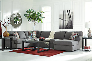 If you love the idea of indulgently comfortable furniture with a casually cool sense of flair, the Jayceon sectional is custom made with you in mind. Oversized scale and feel-good microfiber upholstery make it all too easy to kick back and relax. Ultra neutral fabric and clean, flowing profile are plenty stylish, without overwhelming your space.Includes 3 pieces: right-arm facing corner chaise, armless loveseat and left-arm facing sofa | "Left-arm" and "right-arm" describe the position of the arm when you face the piece | Corner-blocked frame | Attached back and loose seat cushions | High-resiliency foam cushions wrapped in thick poly fiber | Polyester/nylon microfiber upholstery | Exposed feet with faux wood finish | Excluded from promotional discounts and coupons | Estimated Assembly Time: 10 Minutes