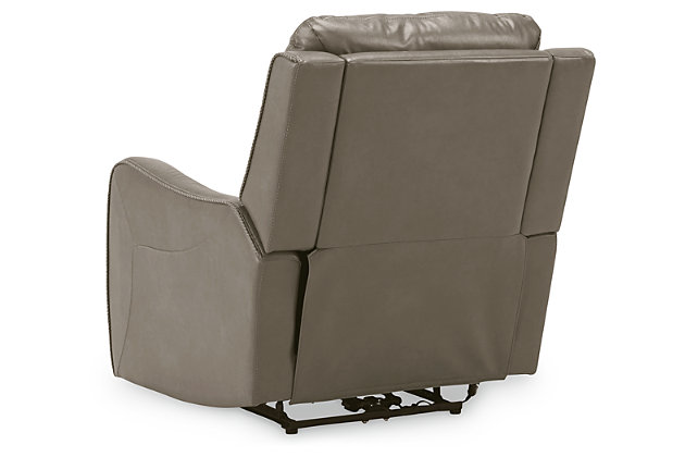 The Galahad power recliner might look crisp, clean and lean, but it’s packed with technologically advanced features that truly elevate the art of relaxation. Its zero-gravity mechanism lifts the ottoman four inches higher than traditional recliners (23" off the floor) for better blood flow from your legs to your heart. With the touch of a button, let the stress of the day float away care of an air massage system (with three pampering settings)—or get warm and toasty thanks to a heated seat element. While ultra streamlined, this designer recliner doesn’t cut corners when it comes to quality. The seating area and armrests are upholstered in genuine leather for incomparable comfort—where it counts. Crosshatch stitching adds fashion-forward flair.One-touch power control with adjustable positions, Easy View™ adjustable headrest and zero-draw USB plug-in | Zero-draw technology only consumes power when the USB receptacle is in use | Air massage system includes 3 settings: steady, pulse and wave (with automatic 20-minute shutoff feature) | Heat in the seat element (with automatic 30-minute shutoff feature) | Corner-blocked frame with metal reinforced seat | Attached back and seat cushions | High-resiliency foam cushions wrapped in thick poly fiber | Zero-gravity mechanism (raises the ottoman to 23" off the floor for improved blood flow) | Extended ottoman for enhanced comfort | Leather interior upholstery; vinyl/polyester exterior upholstery | Power cord included; UL Listed | Estimated Assembly Time: 15 Minutes