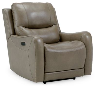 The Galahad power recliner might look crisp, clean and lean, but it’s packed with technologically advanced features that truly elevate the art of relaxation. Its zero-gravity mechanism lifts the ottoman four inches higher than traditional recliners (23" off the floor) for better blood flow from your legs to your heart. With the touch of a button, let the stress of the day float away care of an air massage system (with three pampering settings)—or get warm and toasty thanks to a heated seat element. While ultra streamlined, this designer recliner doesn’t cut corners when it comes to quality. The seating area and armrests are upholstered in genuine leather for incomparable comfort—where it counts. Crosshatch stitching adds fashion-forward flair.One-touch power control with adjustable positions, Easy View™ adjustable headrest and zero-draw USB plug-in | Zero-draw technology only consumes power when the USB receptacle is in use | Air massage system includes 3 settings: steady, pulse and wave (with automatic 20-minute shutoff feature) | Heat in the seat element (with automatic 30-minute shutoff feature) | Corner-blocked frame with metal reinforced seat | Attached back and seat cushions | High-resiliency foam cushions wrapped in thick poly fiber | Zero-gravity mechanism (raises the ottoman to 23" off the floor for improved blood flow) | Extended ottoman for enhanced comfort | Leather interior upholstery; vinyl/polyester exterior upholstery | Power cord included; UL Listed | Estimated Assembly Time: 15 Minutes