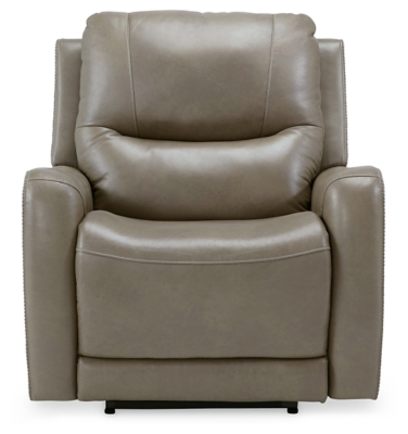 The Galahad power recliner might look crisp, clean and lean, but it’s packed with technologically advanced features that truly elevate the art of relaxation. Its zero-gravity mechanism lifts the ottoman four inches higher than traditional recliners (23" off the floor) for better blood flow from your legs to your heart. With the touch of a button, let the stress of the day float away care of an air massage system (with three pampering settings)—or get warm and toasty thanks to a heated seat element. While ultra streamlined, this designer recliner doesn’t cut corners when it comes to quality. The seating area and armrests are upholstered in genuine leather for incomparable comfort—where it counts. Crosshatch stitching adds fashion-forward flair.One-touch power control with adjustable positions, Easy View™ adjustable headrest and zero-draw USB plug-in | Zero-draw technology only consumes power when the USB receptacle is in use | Air massage system includes 3 settings: steady, pulse and wave (with automatic 20-minute shutoff feature) | Heat in the seat element (with automatic 30-minute shutoff feature) | Corner-blocked frame with metal reinforced seat | Attached back and seat cushions | High-resiliency foam cushions wrapped in thick poly fiber | Zero-gravity mechanism (raises the ottoman to 23" off the floor for improved blood flow) | Extended ottoman for enhanced comfort | Leather interior upholstery; vinyl/polyester exterior upholstery | Power cord included; UL Listed | Estimated Assembly Time: 15 Minutes