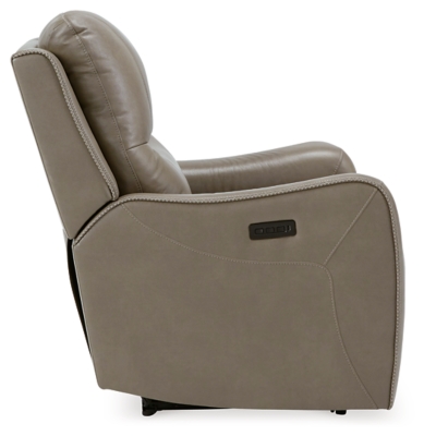 The Galahad power recliner might look crisp, clean and lean, but it’s packed with technologically advanced features that truly elevate the art of relaxation. Its zero-gravity mechanism lifts the ottoman four inches higher than traditional recliners (23" off the floor) for better blood flow from your legs to your heart. With the touch of a button, let the stress of the day float away care of an air massage system (with three pampering settings)—or get warm and toasty thanks to a heated seat element. While ultra streamlined, this designer recliner doesn’t cut corners when it comes to quality. The seating area and armrests are upholstered in genuine leather for incomparable comfort—where it counts. Crosshatch stitching adds fashion-forward flair.One-touch power control with adjustable positions, Easy View™ adjustable headrest and zero-draw USB plug-in | Zero-draw technology only consumes power when the USB receptacle is in use | Air massage system includes 3 settings: steady, pulse and wave (with automatic 20-minute shutoff feature) | Heat in the seat element (with automatic 30-minute shutoff feature) | Corner-blocked frame with metal reinforced seat | Attached back and seat cushions | High-resiliency foam cushions wrapped in thick poly fiber | Zero-gravity mechanism (raises the ottoman to 23" off the floor for improved blood flow) | Extended ottoman for enhanced comfort | Leather interior upholstery; vinyl/polyester exterior upholstery | Power cord included; UL Listed | Estimated Assembly Time: 15 Minutes