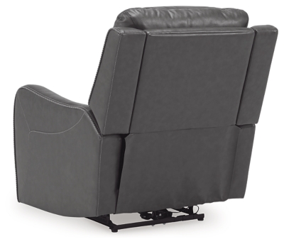 The Galahad power recliner might look crisp, clean and lean, but it’s packed with technologically advanced features that truly elevate the art of relaxation. Its zero-gravity mechanism lifts the ottoman four inches higher than traditional recliners (23" off the floor) for better blood flow from your legs to your heart. With the touch of a button, let the stress of the day float away care of an air massage system (with three pampering settings)—or get warm and toasty thanks to a heated seat element. While ultra streamlined, this designer recliner doesn’t cut corners when it comes to quality. The seating area and armrests are upholstered in genuine leather for incomparable comfort—where it counts. Crosshatch stitching adds fashion-forward flair.One-touch power control with adjustable positions, Easy View™ adjustable headrest and zero-draw USB plug-in | Zero-draw technology only consumes power when the USB receptacle is in use | Air massage system includes 3 settings: steady, pulse and wave (with automatic 20-minute shutoff feature) | Heat in the seat element (with automatic 30-minute shutoff feature) | Corner-blocked frame with metal reinforced seat | Attached back and seat cushions | High-resiliency foam cushions wrapped in thick poly fiber | Zero-gravity mechanism (raises the ottoman to 23" off the floor for improved blood flow) | Extended ottoman for enhanced comfort | Leather interior upholstery; vinyl/polyester exterior upholstery | Power cord included; UL Listed | Estimated Assembly Time: 15 Minutes