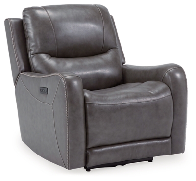 The Galahad power recliner might look crisp, clean and lean, but it’s packed with technologically advanced features that truly elevate the art of relaxation. Its zero-gravity mechanism lifts the ottoman four inches higher than traditional recliners (23" off the floor) for better blood flow from your legs to your heart. With the touch of a button, let the stress of the day float away care of an air massage system (with three pampering settings)—or get warm and toasty thanks to a heated seat element. While ultra streamlined, this designer recliner doesn’t cut corners when it comes to quality. The seating area and armrests are upholstered in genuine leather for incomparable comfort—where it counts. Crosshatch stitching adds fashion-forward flair.One-touch power control with adjustable positions, Easy View™ adjustable headrest and zero-draw USB plug-in | Zero-draw technology only consumes power when the USB receptacle is in use | Air massage system includes 3 settings: steady, pulse and wave (with automatic 20-minute shutoff feature) | Heat in the seat element (with automatic 30-minute shutoff feature) | Corner-blocked frame with metal reinforced seat | Attached back and seat cushions | High-resiliency foam cushions wrapped in thick poly fiber | Zero-gravity mechanism (raises the ottoman to 23" off the floor for improved blood flow) | Extended ottoman for enhanced comfort | Leather interior upholstery; vinyl/polyester exterior upholstery | Power cord included; UL Listed | Estimated Assembly Time: 15 Minutes