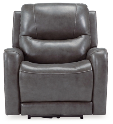 The Galahad power recliner might look crisp, clean and lean, but it’s packed with technologically advanced features that truly elevate the art of relaxation. Its zero-gravity mechanism lifts the ottoman four inches higher than traditional recliners (23" off the floor) for better blood flow from your legs to your heart. With the touch of a button, let the stress of the day float away care of an air massage system (with three pampering settings)—or get warm and toasty thanks to a heated seat element. While ultra streamlined, this designer recliner doesn’t cut corners when it comes to quality. The seating area and armrests are upholstered in genuine leather for incomparable comfort—where it counts. Crosshatch stitching adds fashion-forward flair.One-touch power control with adjustable positions, Easy View™ adjustable headrest and zero-draw USB plug-in | Zero-draw technology only consumes power when the USB receptacle is in use | Air massage system includes 3 settings: steady, pulse and wave (with automatic 20-minute shutoff feature) | Heat in the seat element (with automatic 30-minute shutoff feature) | Corner-blocked frame with metal reinforced seat | Attached back and seat cushions | High-resiliency foam cushions wrapped in thick poly fiber | Zero-gravity mechanism (raises the ottoman to 23" off the floor for improved blood flow) | Extended ottoman for enhanced comfort | Leather interior upholstery; vinyl/polyester exterior upholstery | Power cord included; UL Listed | Estimated Assembly Time: 15 Minutes