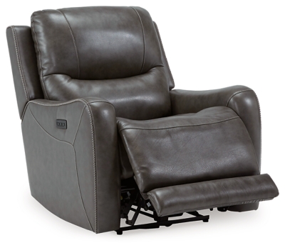 The Galahad power recliner might look crisp, clean and lean, but it’s packed with technologically advanced features that truly elevate the art of relaxation. Its zero-gravity mechanism lifts the ottoman four inches higher than traditional recliners (23" off the floor) for better blood flow from your legs to your heart. With the touch of a button, let the stress of the day float away care of an air massage system (with three pampering settings)—or get warm and toasty thanks to a heated seat element. While ultra streamlined, this designer recliner doesn’t cut corners when it comes to quality. The seating area and armrests are upholstered in genuine leather for incomparable comfort—where it counts. Crosshatch stitching adds fashion-forward flair.One-touch power control with adjustable positions, Easy View™ adjustable headrest and zero-draw USB plug-in | Zero-draw technology only consumes power when the USB receptacle is in use | Air massage system includes 3 settings: steady, pulse and wave (with automatic 20-minute shutoff feature) | Heat in the seat element (with automatic 30-minute shutoff feature) | Corner-blocked frame with metal reinforced seat | Attached back and seat cushions | High-resiliency foam cushions wrapped in thick poly fiber | Zero-gravity mechanism (raises the ottoman to 23" off the floor for improved blood flow) | Extended ottoman for enhanced comfort | Leather interior upholstery; vinyl/polyester exterior upholstery | Power cord included; UL Listed | Estimated Assembly Time: 15 Minutes