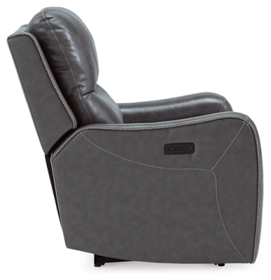 The Galahad power recliner might look crisp, clean and lean, but it’s packed with technologically advanced features that truly elevate the art of relaxation. Its zero-gravity mechanism lifts the ottoman four inches higher than traditional recliners (23" off the floor) for better blood flow from your legs to your heart. With the touch of a button, let the stress of the day float away care of an air massage system (with three pampering settings)—or get warm and toasty thanks to a heated seat element. While ultra streamlined, this designer recliner doesn’t cut corners when it comes to quality. The seating area and armrests are upholstered in genuine leather for incomparable comfort—where it counts. Crosshatch stitching adds fashion-forward flair.One-touch power control with adjustable positions, Easy View™ adjustable headrest and zero-draw USB plug-in | Zero-draw technology only consumes power when the USB receptacle is in use | Air massage system includes 3 settings: steady, pulse and wave (with automatic 20-minute shutoff feature) | Heat in the seat element (with automatic 30-minute shutoff feature) | Corner-blocked frame with metal reinforced seat | Attached back and seat cushions | High-resiliency foam cushions wrapped in thick poly fiber | Zero-gravity mechanism (raises the ottoman to 23" off the floor for improved blood flow) | Extended ottoman for enhanced comfort | Leather interior upholstery; vinyl/polyester exterior upholstery | Power cord included; UL Listed | Estimated Assembly Time: 15 Minutes