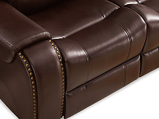 With a streamlined look designed to last, the Latimer power reclining sofa is sure to become a living room mainstay. The brown upholstery has a laid-back-meets-luxe look well suited to transitional spaces.Dual-sided recliner; middle seat remains stationary | Attached cushions | Brown upholstery | Power reclining mechanism | Easy View™ power adjustable headrests | Power cord included | Estimated Assembly Time: 15 Minutes