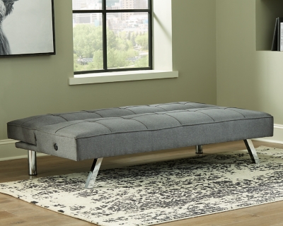 If you’re short on space and long for contemporary style, you’re sure to flip for the Santini flip flop armless sofa. Ideal for apartments and home office/guest room shared spaces, this ultra-contemporary option easily converts from a sofa into a “futon” to accommodate overnight guests. Canted chrome-tone metal legs and box tufting work wonders if modern moves you.Attached back and seat cushions | High-resiliency foam cushions wrapped in thick poly fiber | Polyester upholstery | Tufted details | 2 USB ports; power cord included; UL Listed | Exposed chrome-tone metal legs | Estimated Assembly Time: 15 Minutes