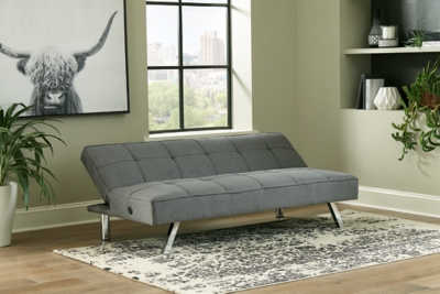 If you’re short on space and long for contemporary style, you’re sure to flip for the Santini flip flop armless sofa. Ideal for apartments and home office/guest room shared spaces, this ultra-contemporary option easily converts from a sofa into a “futon” to accommodate overnight guests. Canted chrome-tone metal legs and box tufting work wonders if modern moves you.Attached back and seat cushions | High-resiliency foam cushions wrapped in thick poly fiber | Polyester upholstery | Tufted details | 2 USB ports; power cord included; UL Listed | Exposed chrome-tone metal legs | Estimated Assembly Time: 15 Minutes