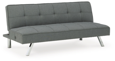 If you’re short on space and long for contemporary style, you’re sure to flip for the Santini flip flop armless sofa. Ideal for apartments and home office/guest room shared spaces, this ultra-contemporary option easily converts from a sofa into a “futon” to accommodate overnight guests. Canted chrome-tone metal legs and box tufting work wonders if modern moves you.Attached back and seat cushions | High-resiliency foam cushions wrapped in thick poly fiber | Polyester upholstery | Tufted details | 2 USB ports; power cord included; UL Listed | Exposed chrome-tone metal legs | Estimated Assembly Time: 15 Minutes