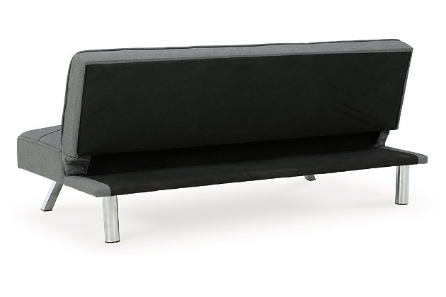 If you’re short on space and long for contemporary style, you’re sure to flip for the Santini flip flop armless sofa. Ideal for apartments and home office/guest room shared spaces, this ultra-contemporary option easily converts from a sofa into a “futon” to accommodate overnight guests. Canted chrome-tone metal legs and box tufting work wonders if modern moves you.Attached back and seat cushions | High-resiliency foam cushions wrapped in thick poly fiber | Polyester upholstery | Tufted details | 2 USB ports; power cord included; UL Listed | Exposed chrome-tone metal legs | Estimated Assembly Time: 15 Minutes