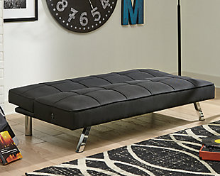 If you’re short on space and long for contemporary style, you’re sure to flip for the Santini flip flop armless sofa. Ideal for apartments and home office/guest room shared spaces, this ultra-contemporary option easily converts from a sofa into a “futon” to accommodate overnight guests. Canted chrome-tone metal legs and box tufting work wonders if modern moves you.Attached back and seat cushions | High-resiliency foam cushions wrapped in thick poly fiber | Polyester upholstery | Tufted details | 2 USB ports; power cord included; UL Listed | Exposed chrome-tone metal feet | Estimated Assembly Time: 15 Minutes