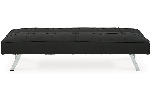 If you’re short on space and long for contemporary style, you’re sure to flip for the Santini flip flop armless sofa. Ideal for apartments and home office/guest room shared spaces, this ultra-contemporary option easily converts from a sofa into a “futon” to accommodate overnight guests. Canted chrome-tone metal legs and box tufting work wonders if modern moves you.Attached back and seat cushions | High-resiliency foam cushions wrapped in thick poly fiber | Polyester upholstery | Tufted details | 2 USB ports; power cord included; UL Listed | Exposed chrome-tone metal feet | Estimated Assembly Time: 15 Minutes