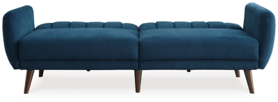 Make room for high style—and the occasional overnight guest—with help from the Mesilla flip flop sofa in marine blue. This ultra-contemporary sofa-futon is the ultimate choice if you’re short on space. Tailored touches including canted wood-tone legs and back cushions with vertical channel stitching lend an upscale sensibility.Attached back and seat cushions | High-resiliency foam cushions wrapped in thick poly fiber | Polyester upholstery | Tufted details | 2 USB ports; power cord included; UL Listed | Exposed wood-tone legs | Estimated Assembly Time: 15 Minutes