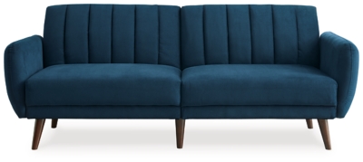 Make room for high style—and the occasional overnight guest—with help from the Mesilla flip flop sofa in marine blue. This ultra-contemporary sofa-futon is the ultimate choice if you’re short on space. Tailored touches including canted wood-tone legs and back cushions with vertical channel stitching lend an upscale sensibility.Attached back and seat cushions | High-resiliency foam cushions wrapped in thick poly fiber | Polyester upholstery | Tufted details | 2 USB ports; power cord included; UL Listed | Exposed wood-tone legs | Estimated Assembly Time: 15 Minutes