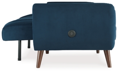 Make room for high style—and the occasional overnight guest—with help from the Mesilla flip flop sofa in marine blue. This ultra-contemporary sofa-futon is the ultimate choice if you’re short on space. Tailored touches including canted wood-tone legs and back cushions with vertical channel stitching lend an upscale sensibility.Attached back and seat cushions | High-resiliency foam cushions wrapped in thick poly fiber | Polyester upholstery | Tufted details | 2 USB ports; power cord included; UL Listed | Exposed wood-tone legs | Estimated Assembly Time: 15 Minutes