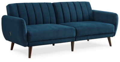 Make room for high style—and the occasional overnight guest—with help from the Mesilla flip flop sofa in marine blue. This ultra-contemporary sofa-futon is the ultimate choice if you’re short on space. Tailored touches including canted wood-tone legs and back cushions with vertical channel stitching lend an upscale sensibility.Attached back and seat cushions | High-resiliency foam cushions wrapped in thick poly fiber | Polyester upholstery | Tufted details | 2 USB ports; power cord included; UL Listed | Exposed wood-tone legs | Estimated Assembly Time: 15 Minutes