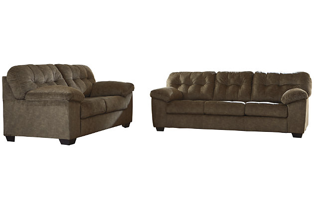 Looking for the perfect blend of decadent comfort and contemporary flair? Feast your eyes on the sensational Accrington sofa and loveseat set. Tufted box cushioning and thick pillow top armrests brilliantly merge style and a sumptuous feel. Wonderfully plush to the touch, the earthy brown fabric is the ultimate choice for a chic, trendy look.Corner-blocked frame | Attached back and loose seat cushions | High-resiliency foam cushions wrapped in thick poly fiber | Polyester upholstery | Platform foundation system resists sagging 3x better than spring system after 20,000 testing cycles by providing more even support | Smooth platform foundation maintains tight, wrinkle-free look without dips or sags that can occur over time with sinuous spring foundations | Exposed feet with faux wood finish