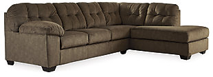 Looking for the perfect blend of decadent comfort and contemporary flair? Feast your eyes on the Accrington sectional. Tufted box cushioning and thick pillow top armrests brilliantly merge style and a sumptuous feel. Wonderfully plush to the touch, the sectional’s earthy brown-tone fabric is the ultimate choice for a richly neutral look.Includes 2 pieces: left-arm facing sofa and right-arm facing corner chaise | "Left-arm" and "right-arm" describe the position of the arm when you face the piece | Corner-blocked frame | Attached back and loose seat cushions | High-resiliency foam cushions wrapped in thick poly fiber | Polyester upholstery | Exposed feet with faux wood finish | Estimated Assembly Time: 5 Minutes