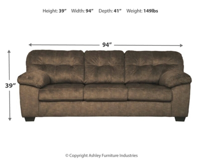 Looking for the perfect blend of decadent comfort and contemporary flair? Feast your eyes on the Accrington sofa. Tufted box cushioning and thick pillow top armrests brilliantly merge style and a sumptuous feel. Wonderfully plush to the touch, the sofa’s earthy brown fabric is the ultimate choice for a richly neutral look.Corner-blocked frame | Attached back and loose seat cushions | High-resiliency foam cushions wrapped in thick poly fiber | Platform foundation system resists sagging 3x better than spring system after 20,000 testing cycles by providing more even support | Smooth platform foundation maintains tight, wrinkle-free look without dips or sags that can occur over time with sinuous spring foundations | Polyester upholstery | Exposed feet with faux wood finish