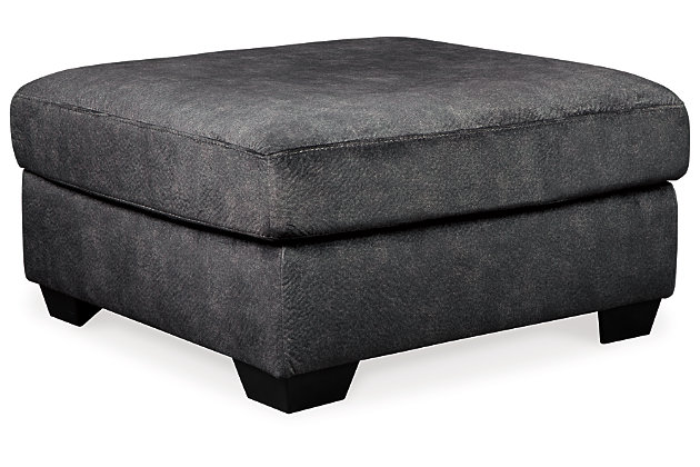 Looking for the perfect blend of decadent comfort and contemporary flair? Feast your eyes on the Accrington ottoman. Its oversized square profile definitely takes center stage. Wonderfully plush to the touch, the ottoman’s granite gray fabric is the ultimate choice for a chic, trendy look.Corner-blocked frame | Firmly cushioned | High-resiliency foam cushion wrapped in thick poly fiber | Polyester upholstery | Exposed feet with faux wood finish
