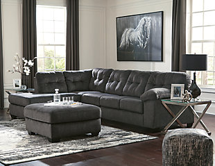 Looking for the perfect blend of decadent comfort and contemporary flair? Feast your eyes on the Accrington ottoman. Its oversized square profile definitely takes center stage. Wonderfully plush to the touch, the ottoman’s granite gray fabric is the ultimate choice for a chic, trendy look.Corner-blocked frame | Firmly cushioned | High-resiliency foam cushion wrapped in thick poly fiber | Polyester upholstery | Exposed feet with faux wood finish