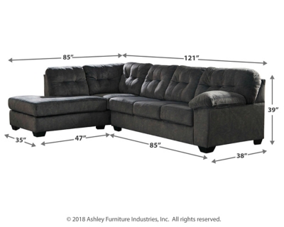 Looking for the perfect blend of decadent comfort and contemporary flair? Feast your eyes on the Accrington sectional. Tufted box cushioning and thick pillow top armrests brilliantly merge style and a sumptuous feel. Wonderfully plush to the touch, the sectional’s granite gray fabric is the ultimate choice for a chic, trendy look.Includes 2 pieces: left-arm facing corner chaise and right-arm facing sofa | "Left-arm" and "right-arm" describe the position of the arm when you face the piece | Corner-blocked frame | Attached back and loose seat cushions | High-resiliency foam cushions wrapped in thick poly fiber | Polyester upholstery | Exposed feet with faux wood finish | Estimated Assembly Time: 5 Minutes