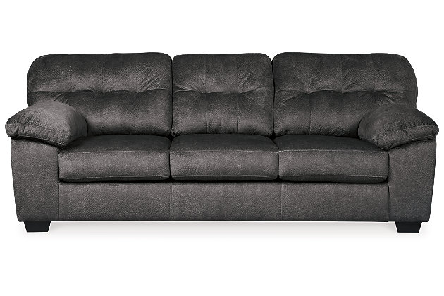 Looking for the perfect blend of decadent comfort and contemporary flair? Feast your eyes on the sensational Accrington sofa and loveseat set. Tufted box cushioning and thick pillow top armrests brilliantly merge style and a sumptuous feel. Wonderfully plush to the touch, the granite gray fabric is the ultimate choice for a chic, trendy look.Corner-blocked frame | Attached back and loose seat cushions | High-resiliency foam cushions wrapped in thick poly fiber | Polyester upholstery | Platform foundation system resists sagging 3x better than spring system after 20,000 testing cycles by providing more even support | Smooth platform foundation maintains tight, wrinkle-free look without dips or sags that can occur over time with sinuous spring foundations | Exposed feet with faux wood finish