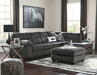 Looking for the perfect blend of decadent comfort and contemporary flair? Feast your eyes on the Accrington sectional. Tufted box cushioning and thick pillow top armrests brilliantly merge style and a sumptuous feel. Wonderfully plush to the touch, the sectional’s granite gray fabric is the ultimate choice for a chic, trendy look.Looking for the perfect blend of decadent comfort and contemporary flair? Feast your eyes on the Accrington  sectional. Tufted box cushioning and thick pillow top armrests brilliantly merge style and a sumptuous feel. Wonderfully plush to the touch, the sectional’s granite gray fabric is the ultimate choice for a chic, trendy look. | Includes 2 pieces: left-arm facing sofa and right-arm facing corner chaise | "Left-arm" and "right-arm" describes the position of the arm when you face the piece | Corner-blocked frame | Attached back and loose seat cushions | High-resiliency foam cushions wrapped in thick poly fiber | Polyester upholstery | Exposed feet with faux wood finish | Estimated Assembly Time: 5 Minutes