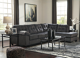 Looking for the perfect blend of decadent comfort and contemporary flair? Feast your eyes on the Accrington sectional. Tufted box cushioning and thick pillow top armrests brilliantly merge style and a sumptuous feel. Wonderfully plush to the touch, the sectional’s granite gray fabric is the ultimate choice for a chic, trendy look.Looking for the perfect blend of decadent comfort and contemporary flair? Feast your eyes on the Accrington  sectional. Tufted box cushioning and thick pillow top armrests brilliantly merge style and a sumptuous feel. Wonderfully plush to the touch, the sectional’s granite gray fabric is the ultimate choice for a chic, trendy look. | Includes 2 pieces: left-arm facing sofa and right-arm facing corner chaise | "Left-arm" and "right-arm" describes the position of the arm when you face the piece | Corner-blocked frame | Attached back and loose seat cushions | High-resiliency foam cushions wrapped in thick poly fiber | Polyester upholstery | Exposed feet with faux wood finish | Estimated Assembly Time: 5 Minutes