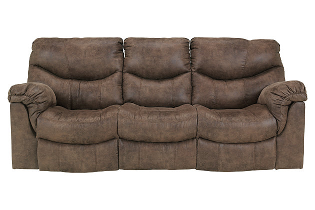Crafted to fit like a glove and cradle you in comfort, the Alzena reclining sofa is just the right blend of tough and tender—offering the look of weathered leather you treasure, with the luxurious feel of supple suede that never gets old. Stylish details such as jumbo stitching—along with a split back for extra lumbar support and double-stuffed armrests—complete this fine faux leather piece.Pull tab reclining motion | Corner-blocked frame with metal reinforced seat | Attached back and seat cushions | High-resiliency foam cushions wrapped in thick poly fiber | Polyester/polyurethane upholstery