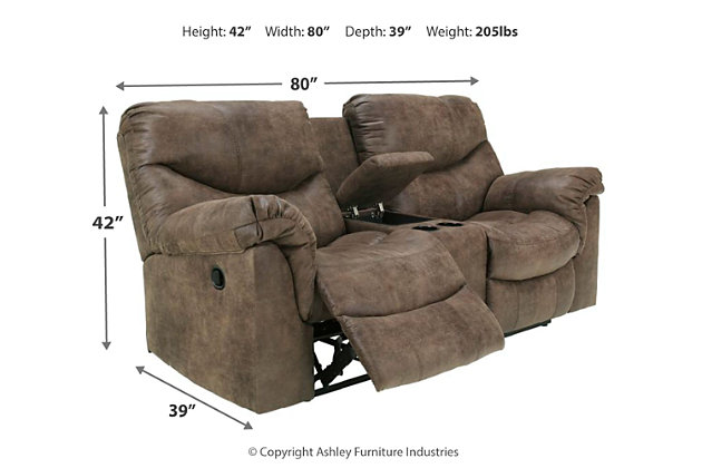 Crafted to fit like a glove and cradle you in comfort, the Alzena reclining loveseat with console is just the right blend of tough and tender—offering the look of weathered leather you treasure, with the luxurious feel of supple suede that never gets old. Stylish details such as jumbo stitching—along with a split back for extra lumbar support and double-stuffed armrests—complete this fine faux leather piece.Pull tab reclining motion | Corner-blocked frame with metal reinforced seat | Attached back and seat cushions | High-resiliency foam cushions wrapped in thick poly fiber | Polyester/polyurethane upholstery | Lift-top storage console and 2 cup holders